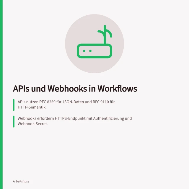 APIs und Webhooks in Workflows: APIs nutzen RFC 8259 für JSON-Daten und RFC 9110 für HTTP-Semantik.; Webhooks erfordern HTTPS-Endpunkt mit Authentifizierung und Webhook-Secret.; Delta-Abfragen mit Zustandstoken ermöglichen effiziente Änderungsnachverfolgung. APIs und Webhooks in Workflows