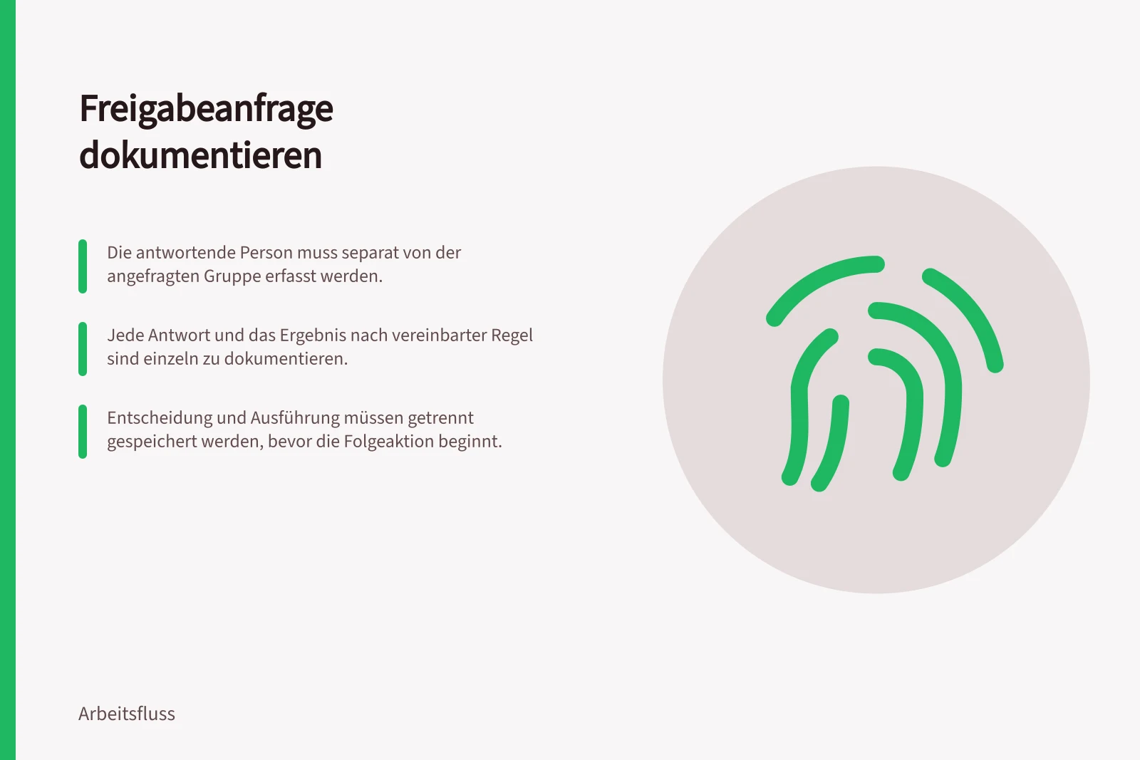 Freigabeanfrage dokumentieren: Die antwortende Person muss separat von der angefragten Gruppe erfasst werden.; Jede Antwort und das Ergebnis nach vereinbarter Regel sind einzeln zu dokumentieren.; Entscheidung und Ausführung müssen getrennt gespeichert werden, bevor die Folgeaktion beginnt.