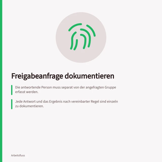 Freigabeanfrage dokumentieren: Die antwortende Person muss separat von der angefragten Gruppe erfasst werden.; Jede Antwort und das Ergebnis nach vereinbarter Regel sind einzeln zu dokumentieren.; Entscheidung und Ausführung müssen getrennt gespeichert werden, bevor die Folgeaktion beginnt. Die freigebende Person dokumentieren