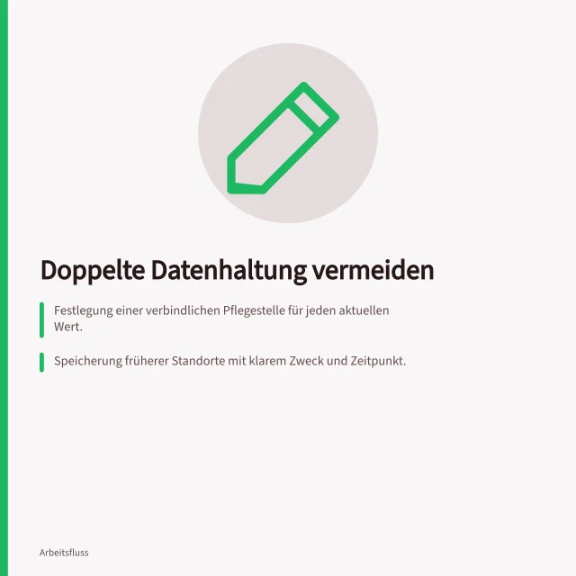 Doppelte Datenhaltung vermeiden: Festlegung einer verbindlichen Pflegestelle für jeden aktuellen Wert.; Speicherung früherer Standorte mit klarem Zweck und Zeitpunkt.; Klärung der fachlichen Zuständigkeit bei mehreren Quellen für denselben Wert. Doppelte Datenhaltung vermeiden