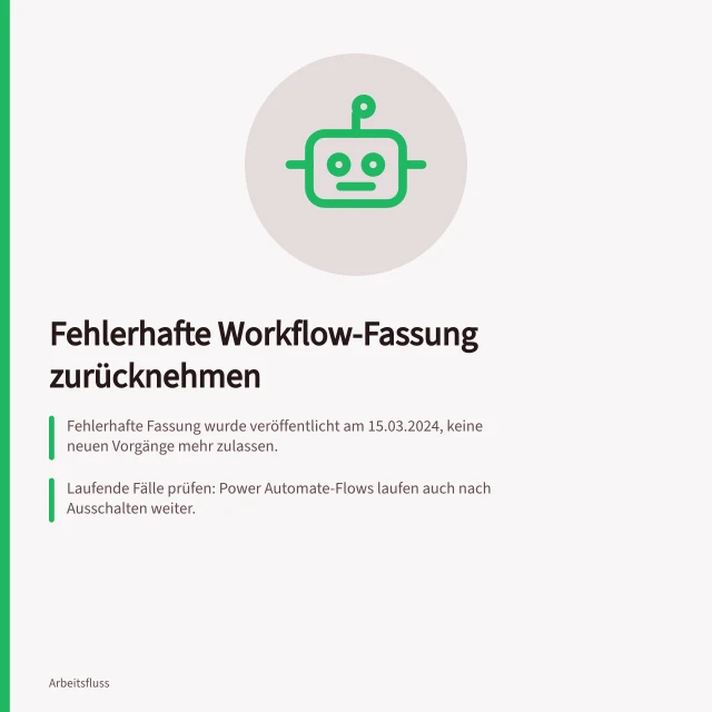 Fehlerhafte Workflow-Fassung zurücknehmen: Fehlerhafte Fassung wurde veröffentlicht am 15.03.2024, keine neuen Vorgänge mehr zulassen.; Laufende Fälle prüfen: Power Automate-Flows laufen auch nach Ausschalten weiter.; Zielzustand abgleichen, wenn Ausgang unklar – bis zur Klärung nicht erneut ausführen. Eine fehlerhafte Version ohne Doppelverarbeitung zurücknehmen