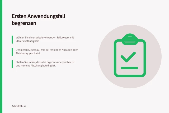 Ersten Anwendungsfall begrenzen: Wählen Sie einen wiederkehrenden Teilprozess mit klarer Zuständigkeit.; Definieren Sie genau, was bei fehlenden Angaben oder Ablehnung geschieht.; Stellen Sie sicher, dass das Ergebnis überprüfbar ist und nur eine Abteilung beteiligt ist. Einen begrenzten ersten Anwendungsfall wählen