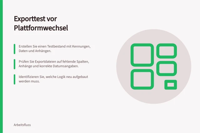 Exporttest vor Plattformwechsel: Erstellen Sie einen Testbestand mit Kennungen, Daten und Anhängen.; Prüfen Sie Exportdateien auf fehlende Spalten, Anhänge und korrekte Datumsangaben.; Identifizieren Sie, welche Logik neu aufgebaut werden muss. Exportmöglichkeiten vor der Plattformwahl testen