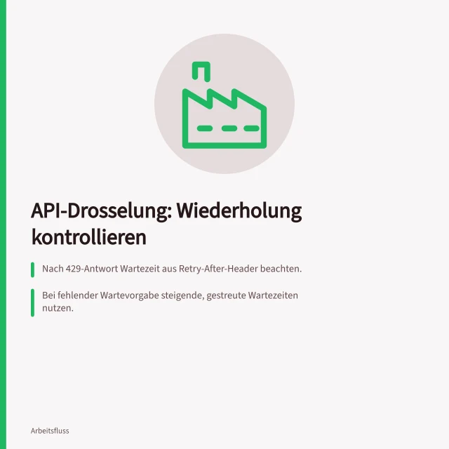 API-Drosselung: Wiederholung kontrollieren: Nach 429-Antwort Wartezeit aus Retry-After-Header beachten.; Bei fehlender Wartevorgabe steigende, gestreute Wartezeiten nutzen.; Fehlende Antwort auf Schreibanfrage erfordert klaren nächsten Zustand. Gedrosselte API-Anfragen kontrolliert wiederholen