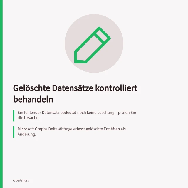 Gelöschte Datensätze kontrolliert behandeln: Ein fehlender Datensatz bedeutet noch keine Löschung – prüfen Sie die Ursache.; Microsoft Graphs Delta-Abfrage erfasst gelöschte Entitäten als Änderung.; Für eine sichere Übertragung muss die Quelle des Signals dokumentiert werden. Gelöschte Datensätze kontrolliert behandeln