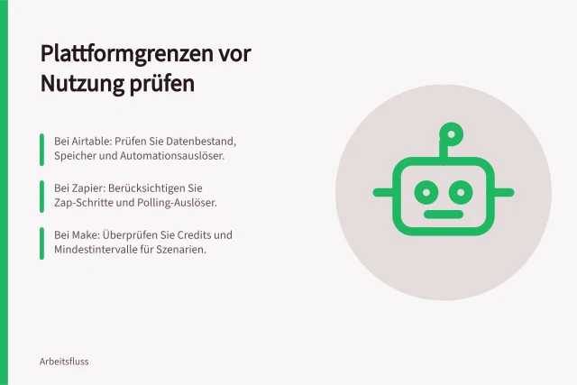 Plattformgrenzen vor Nutzung prüfen: Bei Airtable: Prüfen Sie Datenbestand, Speicher und Automationsauslöser.; Bei Zapier: Berücksichtigen Sie Zap-Schritte und Polling-Auslöser.; Bei Make: Überprüfen Sie Credits und Mindestintervalle für Szenarien. Dokumentierte Plattformgrenzen vor breiter Nutzung prüfen