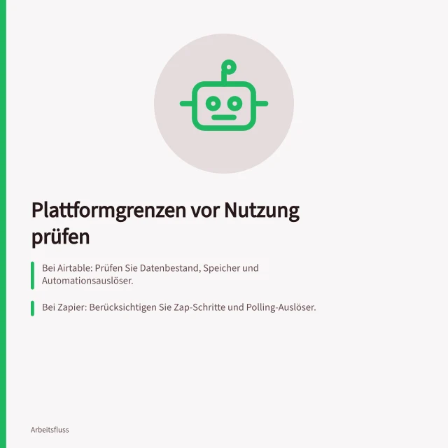 Plattformgrenzen vor Nutzung prüfen: Bei Airtable: Prüfen Sie Datenbestand, Speicher und Automationsauslöser.; Bei Zapier: Berücksichtigen Sie Zap-Schritte und Polling-Auslöser.; Bei Make: Überprüfen Sie Credits und Mindestintervalle für Szenarien. Dokumentierte Plattformgrenzen vor breiter Nutzung prüfen