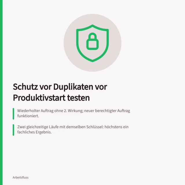 Schutz vor Duplikaten vor Produktivstart testen: Wiederholter Auftrag ohne 2. Wirkung; neuer berechtigter Auftrag funktioniert.; Zwei gleichzeitige Läufe mit demselben Schlüssel: höchstens ein fachliches Ergebnis.; PostgreSQL: Eindeutigkeitsregel mit ON CONFLICT DO NOTHING verhindert 2. Einfügung. Schutz vor Duplikaten vor dem Produktivstart testen