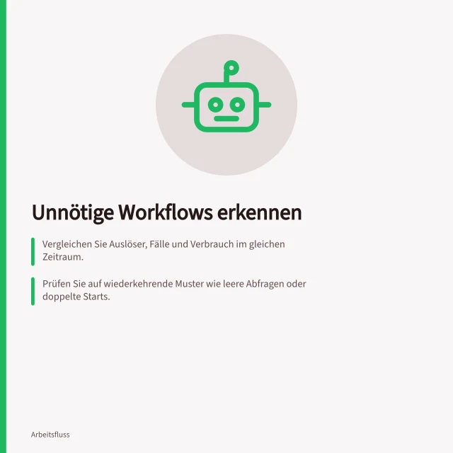 Unnötige Workflows erkennen: Vergleichen Sie Auslöser, Fälle und Verbrauch im gleichen Zeitraum.; Prüfen Sie auf wiederkehrende Muster wie leere Abfragen oder doppelte Starts.; Testen Sie Änderungen mit Beispieldaten und vergleichen Sie Verbrauch und Ergebnisse. Unnötig laufende Workflows erkennen