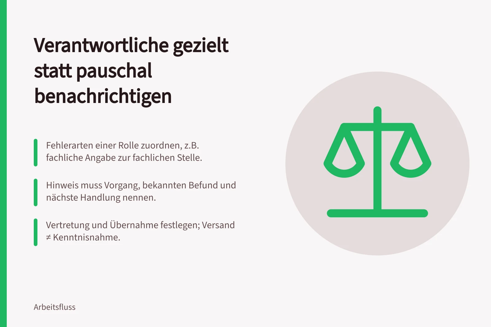 Verantwortliche gezielt statt pauschal benachrichtigen: Fehlerarten einer Rolle zuordnen, z.B. fachliche Angabe zur fachlichen Stelle.; Hinweis muss Vorgang, bekannten Befund und nächste Handlung nennen.; Vertretung und Übernahme festlegen; Versand ≠ Kenntnisnahme.