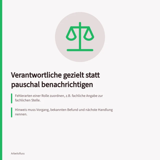 Verantwortliche gezielt statt pauschal benachrichtigen: Fehlerarten einer Rolle zuordnen, z.B. fachliche Angabe zur fachlichen Stelle.; Hinweis muss Vorgang, bekannten Befund und nächste Handlung nennen.; Vertretung und Übernahme festlegen; Versand ≠ Kenntnisnahme. Verantwortliche gezielt statt pauschal benachrichtigen