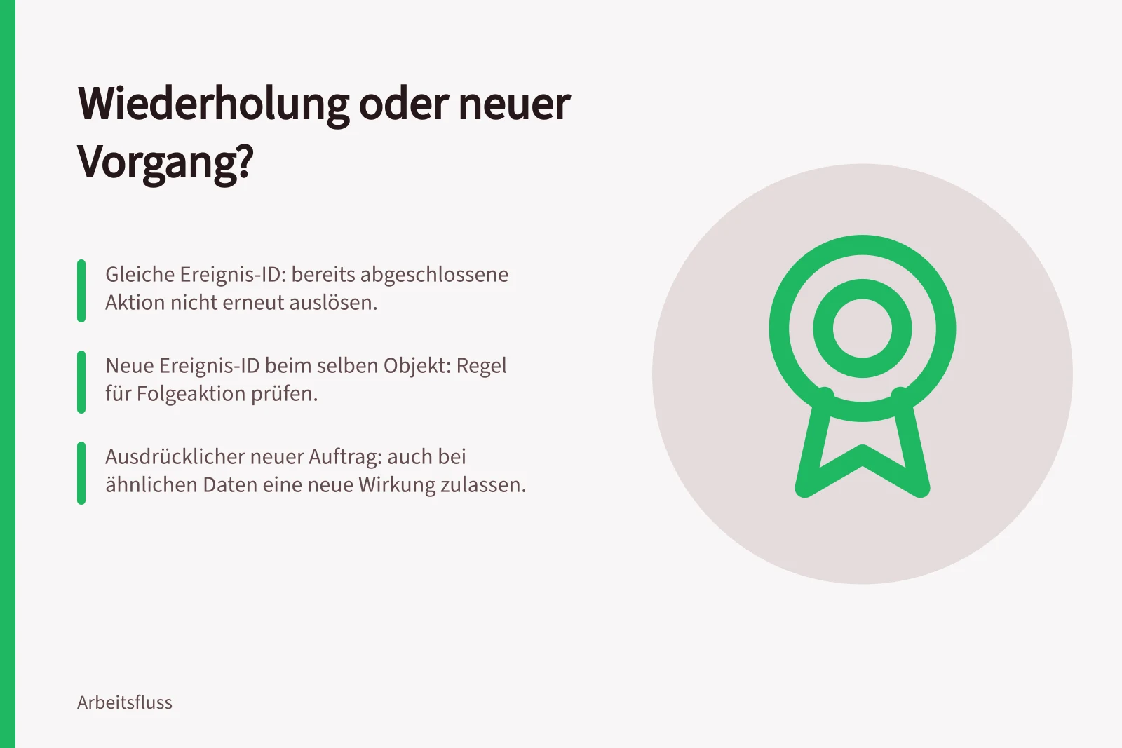 Wiederholung oder neuer Vorgang?: Gleiche Ereignis-ID: bereits abgeschlossene Aktion nicht erneut auslösen.; Neue Ereignis-ID beim selben Objekt: Regel für Folgeaktion prüfen.; Ausdrücklicher neuer Auftrag: auch bei ähnlichen Daten eine neue Wirkung zulassen.